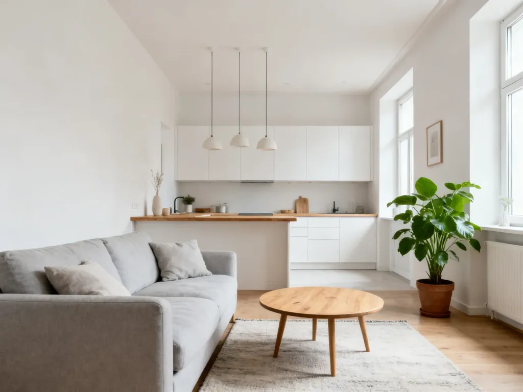 Jasny salon z aneksem kuchennym w stylu skandynawskim, szara sofa, drewniany stolik i białe meble tworzą lekką, przytulną przestrzeń