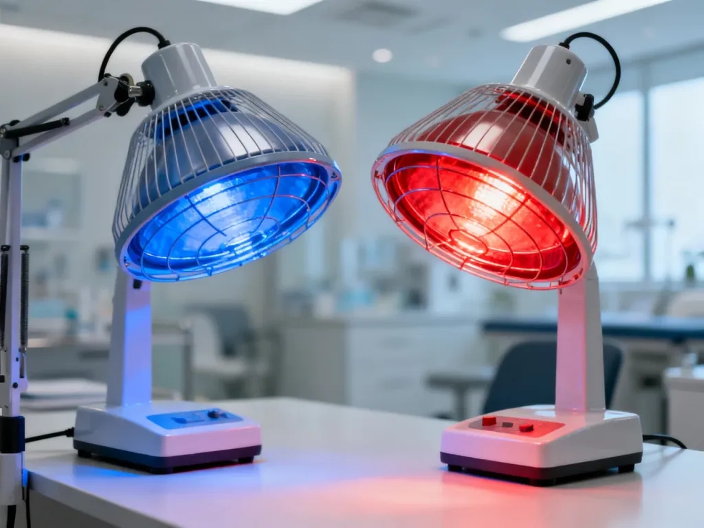 Dwie profesjonalne lampy sollux ustawione obok siebie: jedna emitująca światło niebieskie, druga czerwone.