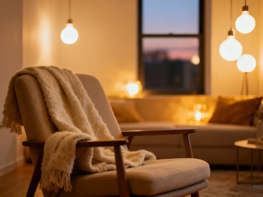 Przytulny salon oświetlony ciepłym, białym światłem, które tworzy relaksującą atmosferę w minimalistycznym wnętrzu.