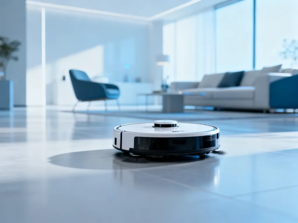 Nowoczesny robot odkurzający sprzątający podłogę w jasnym, minimalistycznym salonie.