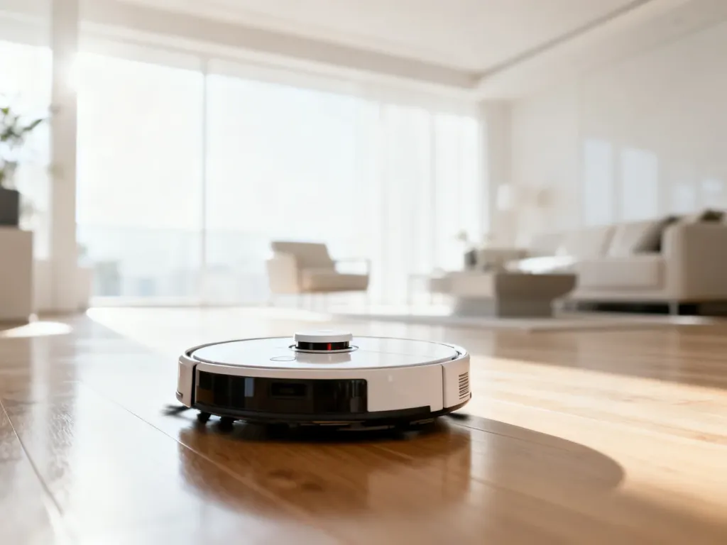 Nowoczesny robot sprzątający poruszający się po czystej drewnianej podłodze w minimalistycznym salonie.
