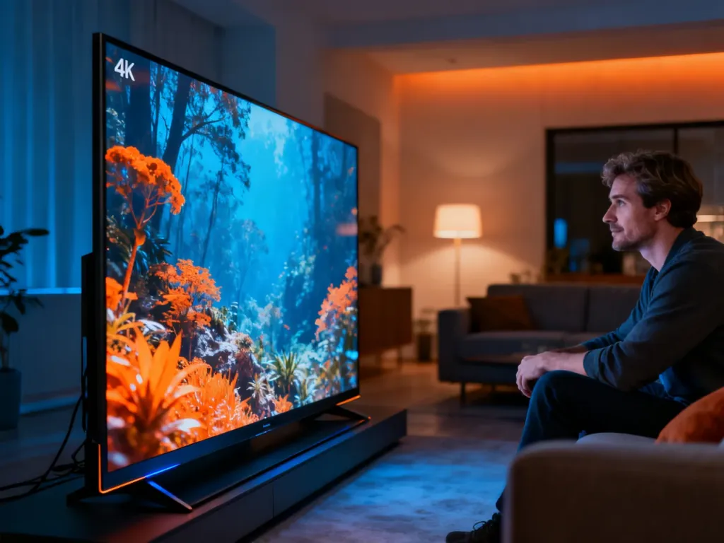 Nowoczesny telewizor Hisense z wyświetlaczem 4K w przytulnym salonie, na którym mężczyzna ogląda kolorowy obraz przyrody.