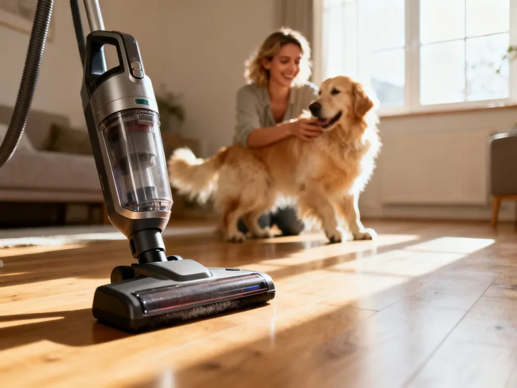 Nowoczesny odkurzacz na drewnianej podłodze w przytulnym salonie, w którym kobieta bawi się ze swoim golden retrieverem.